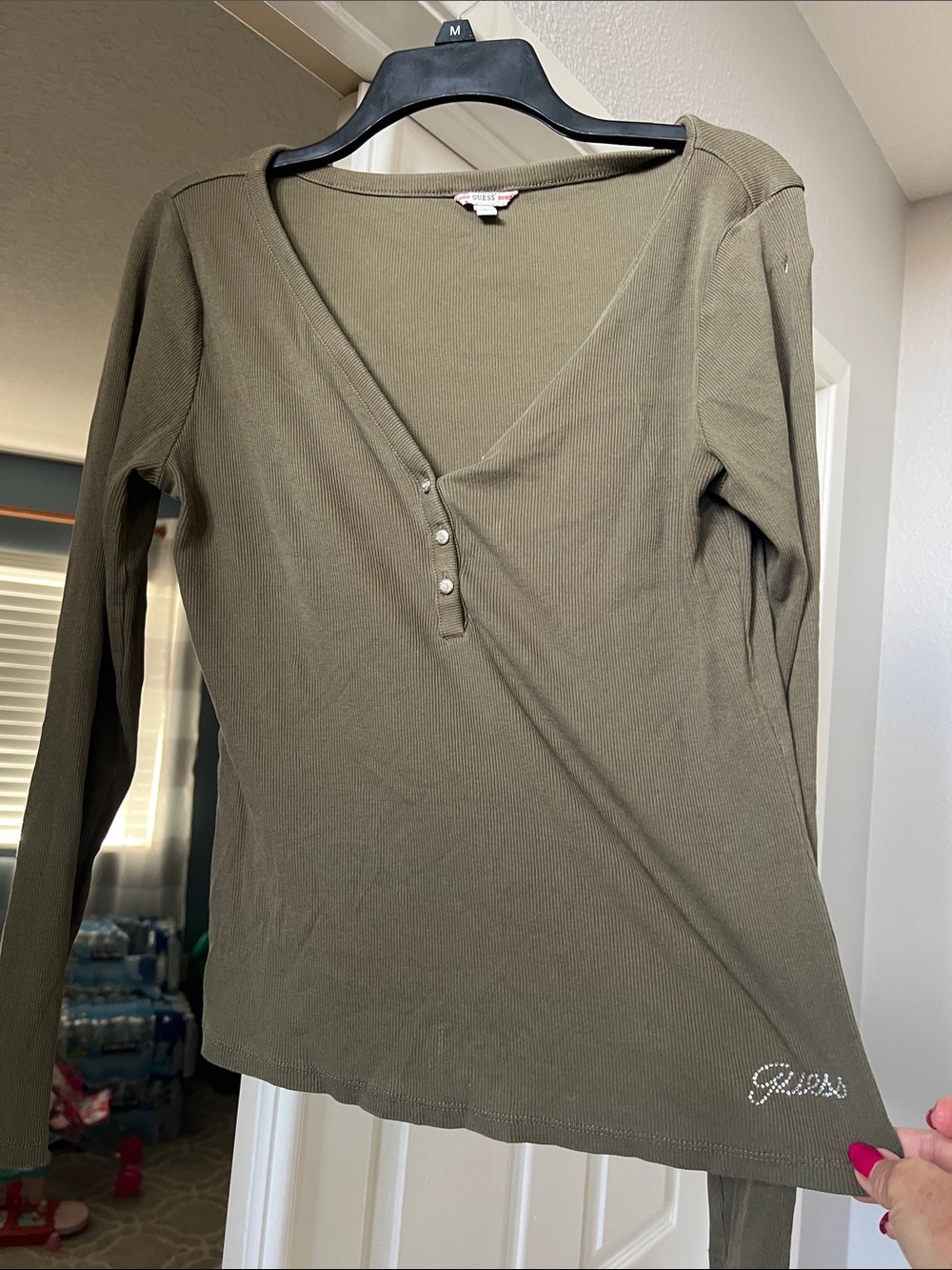 Guess Olive Ribbed Henley Long-Sleeve Top
